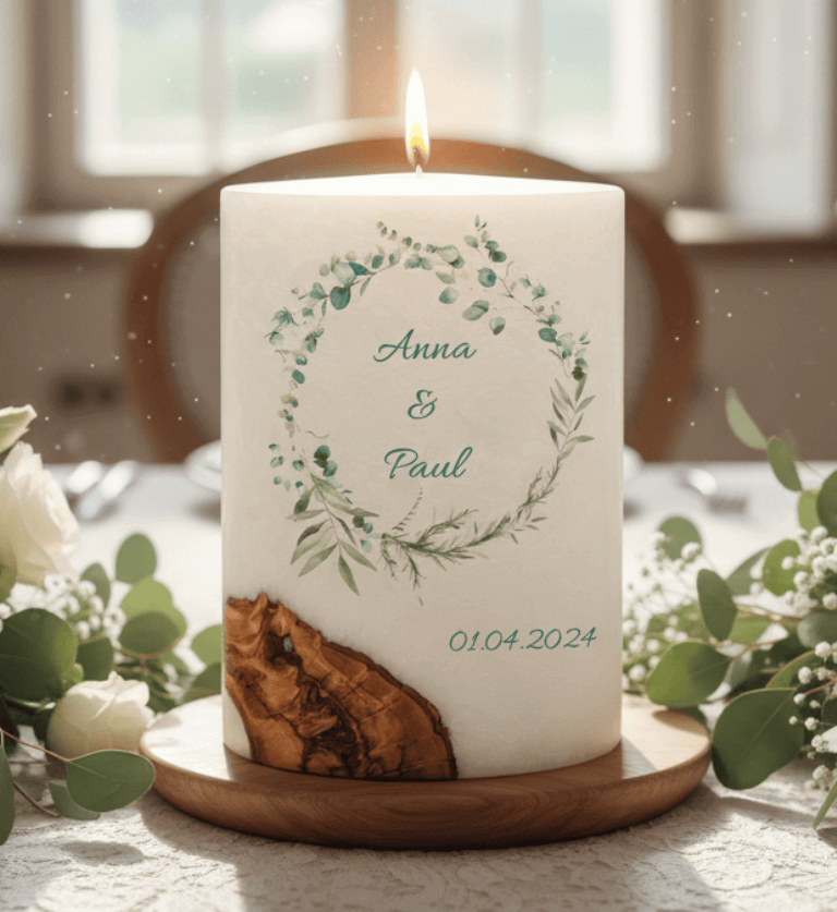 "Eukalyptuskranz 3 Hochzeitskerze mit Holzelement. 14 x 21 cm oval mit Teelicht oder Docht