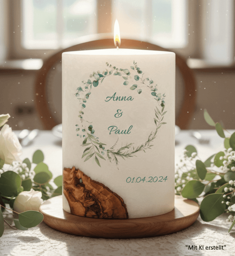 "Eukalyptuskranz 3 Hochzeitskerze mit Holzelement. 14 x 21 cm oval mit Teelicht oder Docht