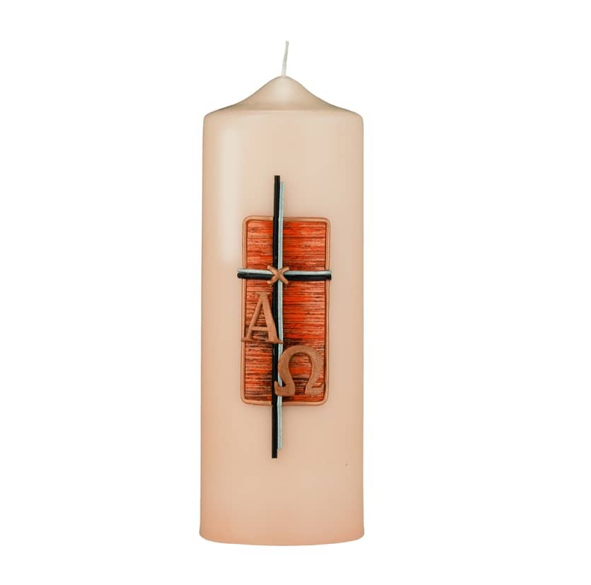 Eine edle Kerze für die Trauer und zum Gedenken champagner Kreuz im Kreuz Alpha bis Omega 200 x 70 mm