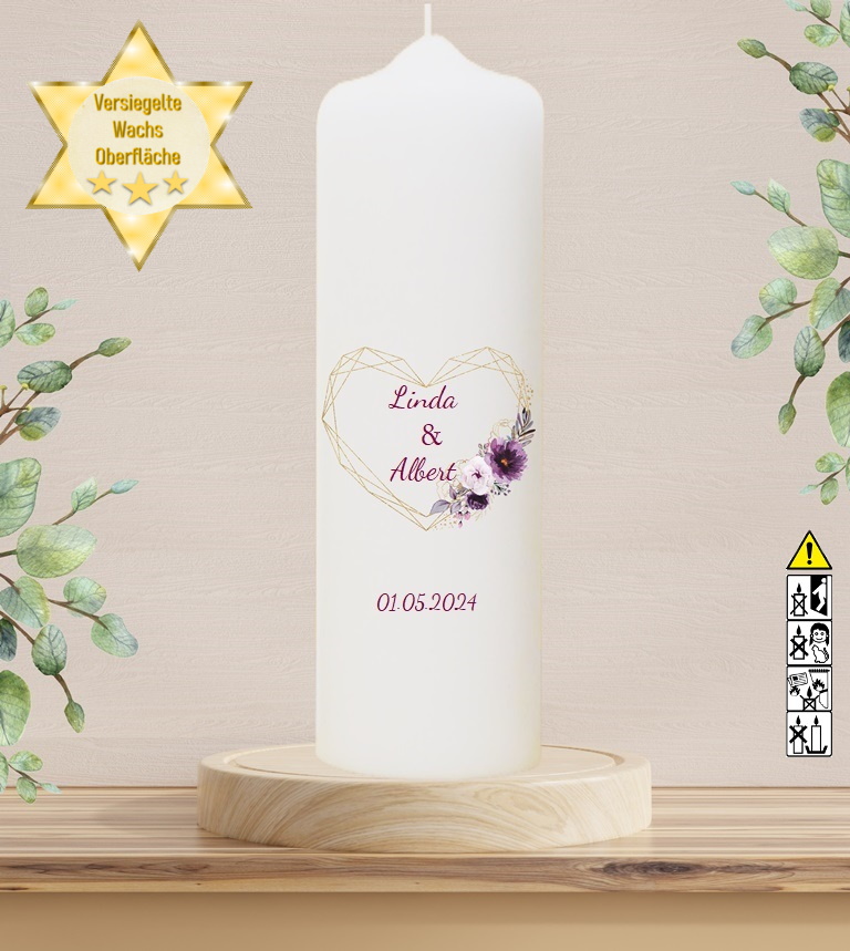 Personalisierte Hochzeitskerze "Herz in Lila" 30 cm Personalisierte Hochzeitskerze "Herz in Lila" 30 cm