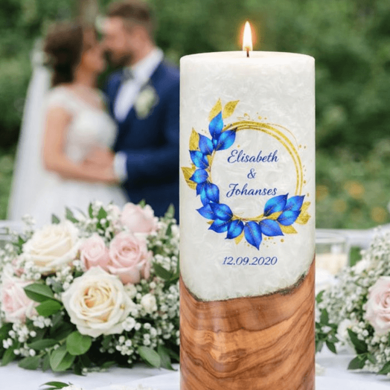 "Eukalyptis Blau" Hochzeitskerze mit Holzelement 30 cm hoch