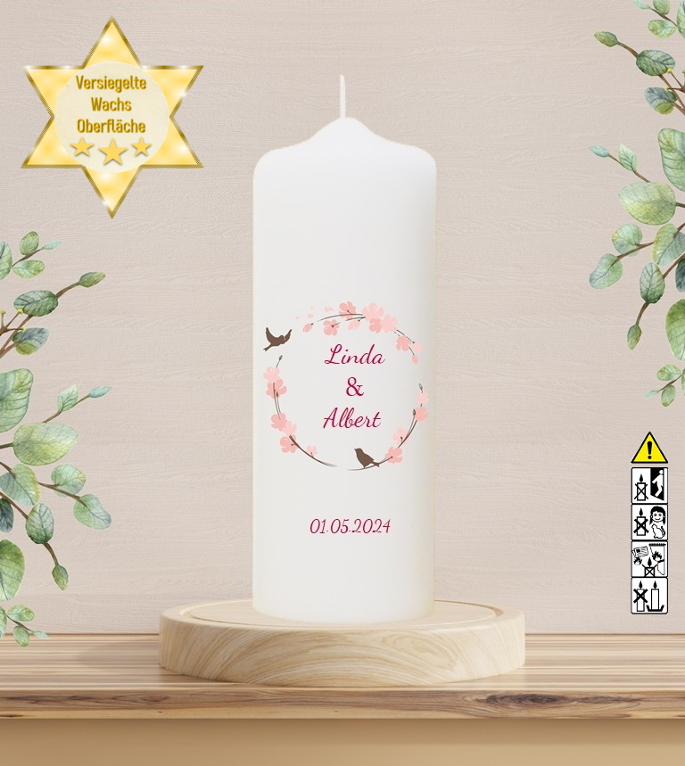 Personalisierte Hochzeitskerze "Vogelpaar 2" 25 cm Personalisierte Hochzeitskerze "Vogelpaar 2" 25 cm