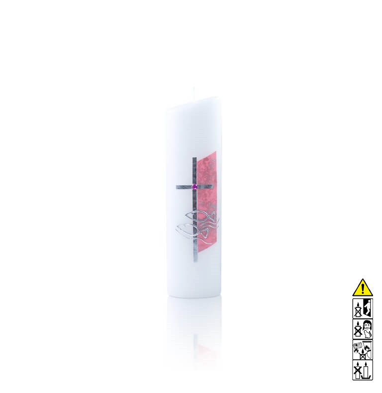 Taufkerze Mädchen Ellipse schräg Kreuz und Fische in Silber auf rosa Grund Hochwertige Taufkerze Mädchen Ellipse schräg Kreuz und Fische in Silber auf rosa Grund 240 x 90/65 mm
