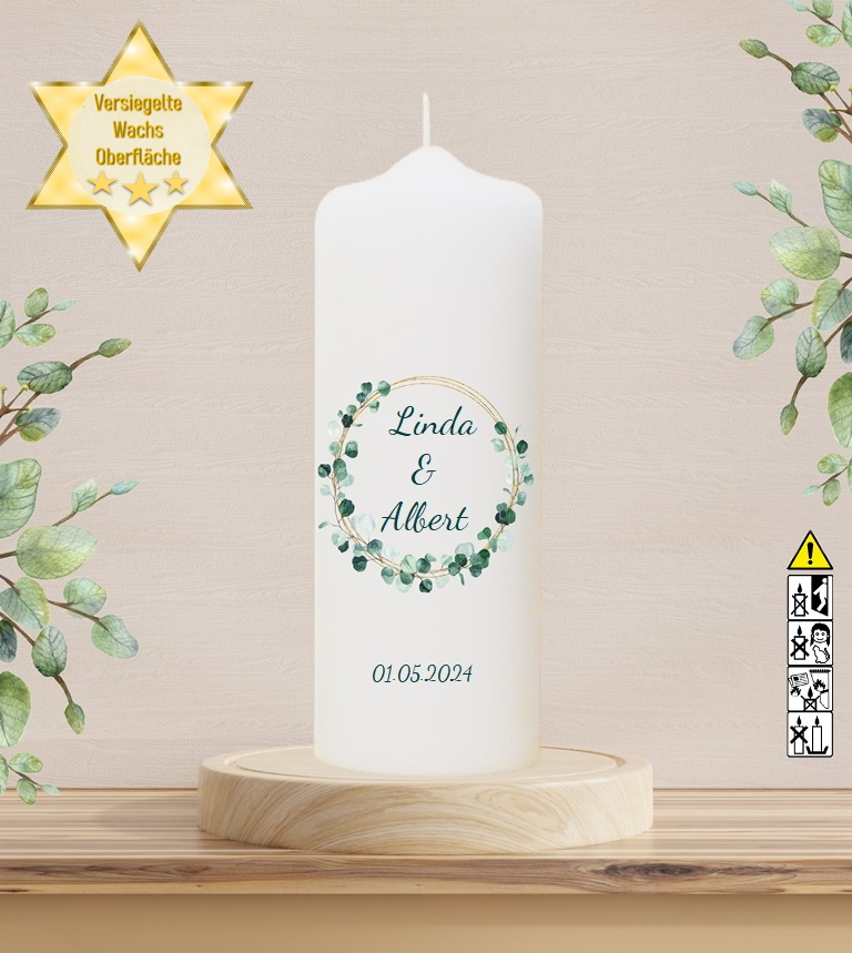 Personalisierte Hochzeitskerze "Eukalyptus Kranz" 25 cm Personalisierte Hochzeitskerze "Eukalyptus Kranz" 25 cm