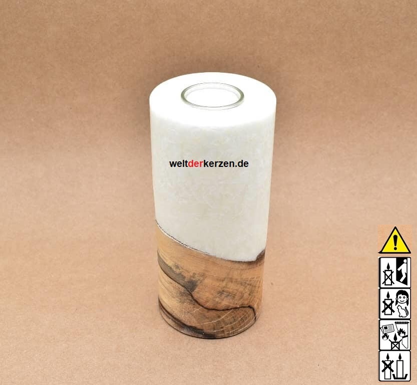Kerze mit Holzelement, Unikat Holzkerze, Rund Stearinoptik, Kerze mit Teelicht Nummer 130