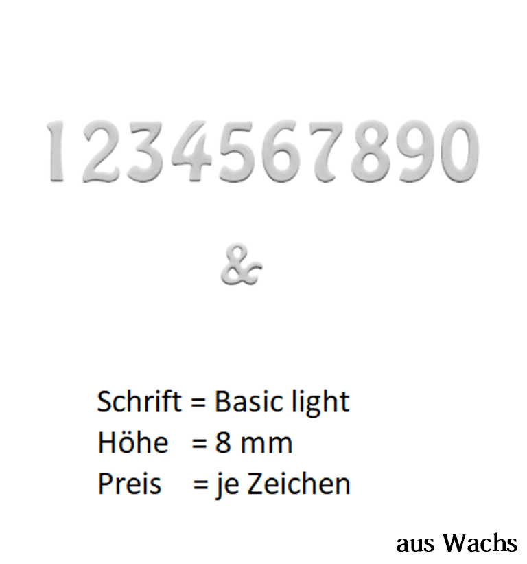 Zahl (Preis je Zahl) Echtwachs in Silber "Basic-light" in 8 mm. Zahl (Preis je Zahl) Echtwachs in Silber "Basic-light" in 8 mm.
