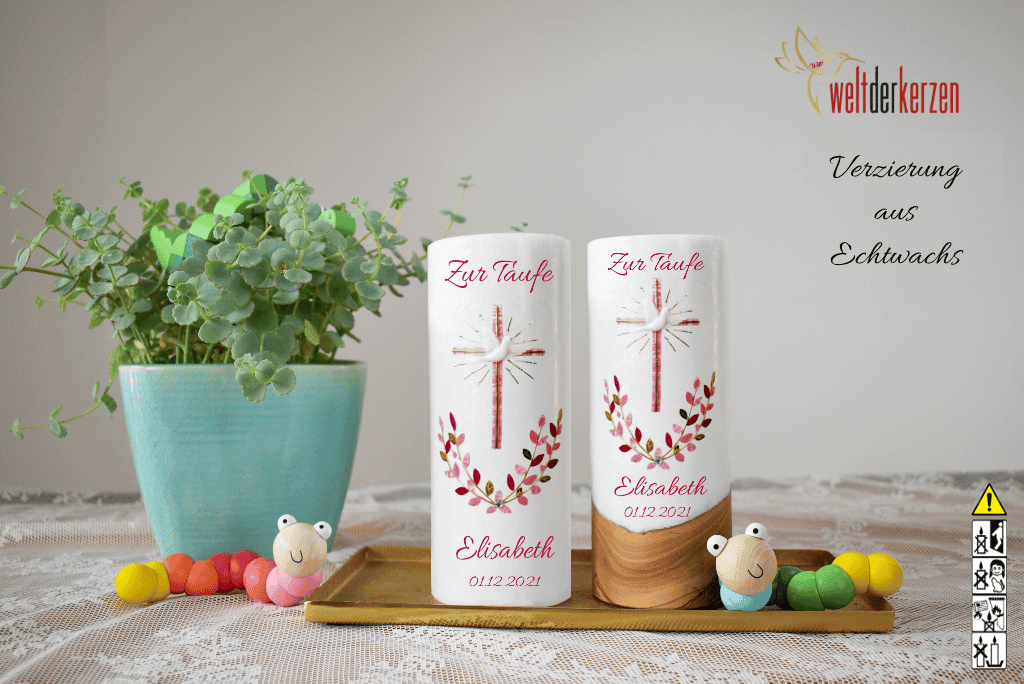 Taufkerze  Ø 8 cm "Kreuz mit Blumenranke"