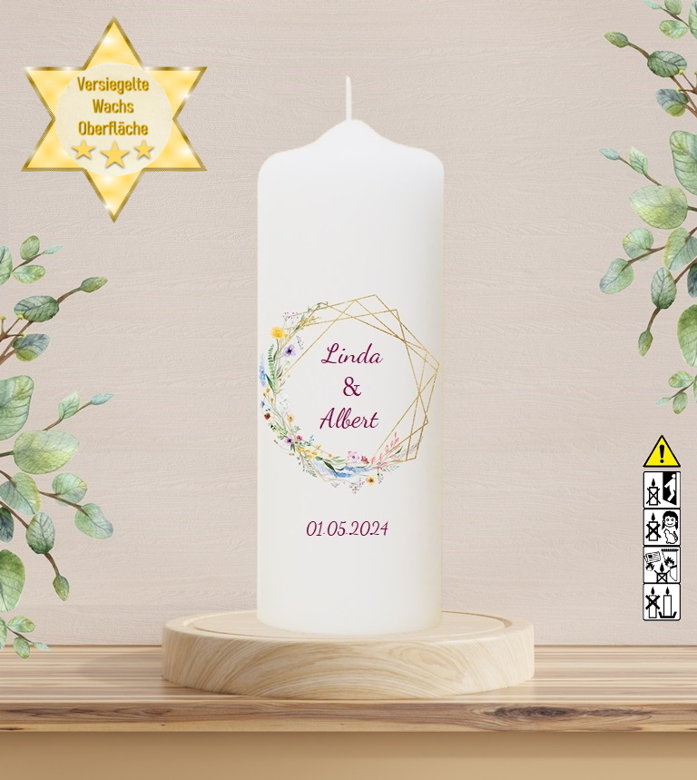 Personalisierte Hochzeitskerze "Frühlingsblumen" 25 cm Personalisierte Hochzeitskerze "Frühlingsblumen" 25 cm