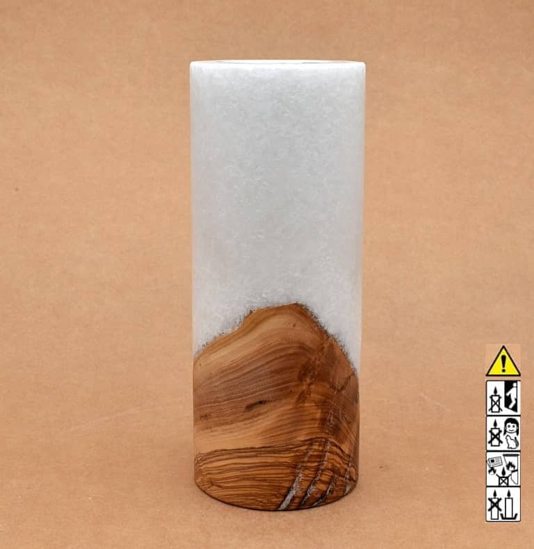 Kerze 80x200mm mit Holzelement, Individuelle, persönliche Hochzeitskerze  Holzkerze, Rund Stearinoptik, Hochzeitskerze mit Teelicht im Kerzen online Shop für Hochzeiten bestellen, günstig kaufen.