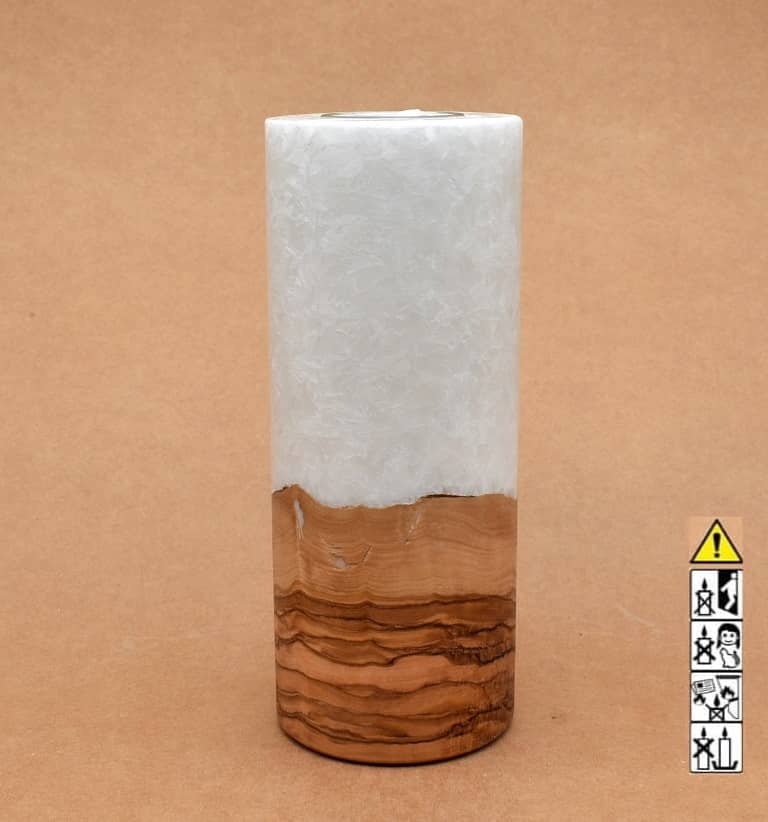 Kerze 80x200mm mit Holzelement, Individuelle, persönliche Hochzeitskerze  Holzkerze, Rund Stearinoptik, Hochzeitskerze mit Teelicht im Kerzen online Shop für Hochzeiten bestellen, günstig kaufen.