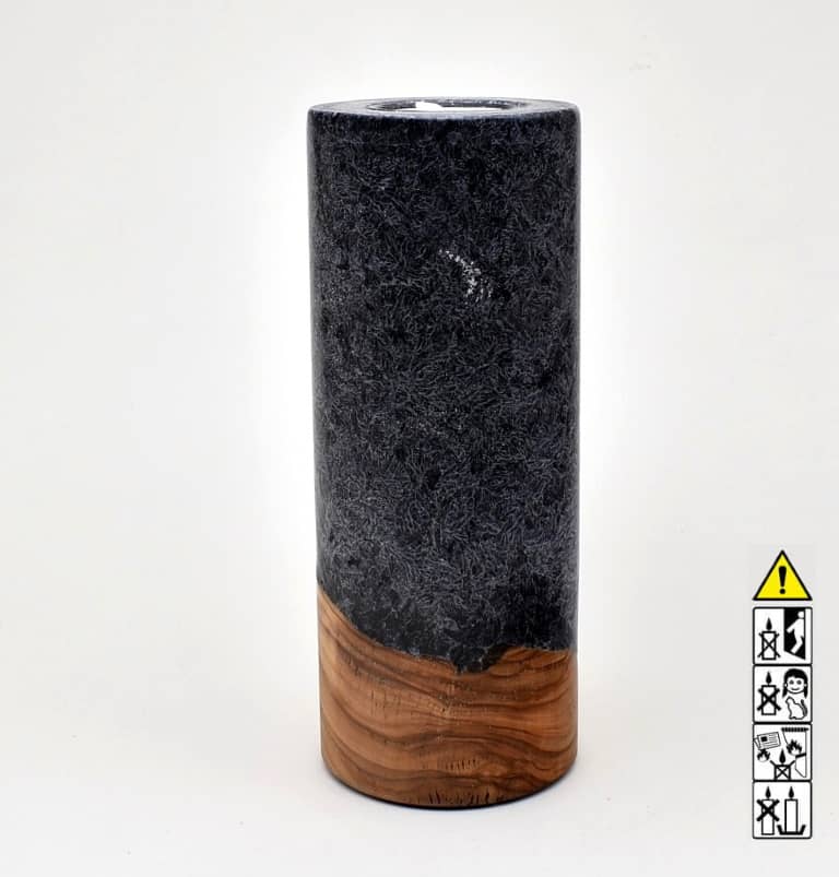 Kerze mit Holz Unikat Rund 80 x 200 mm mit Teelicht in schwarz