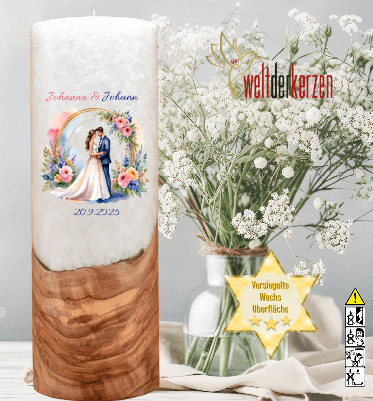 "Brautpaar im Rosenbogen" Hochzeitskerze mit Holzelement 30 cm hoch "Brautpaar im Rosenbogen" Hochzeitskerze mit Holzelement 30 cm hoch