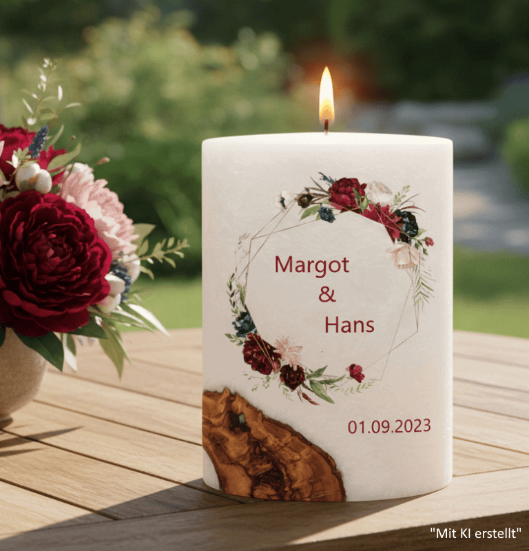 "Rosenkranz" Hochzeitskerze mit Holzelement. 14 x 21 cm oval mit Teelicht oder Docht