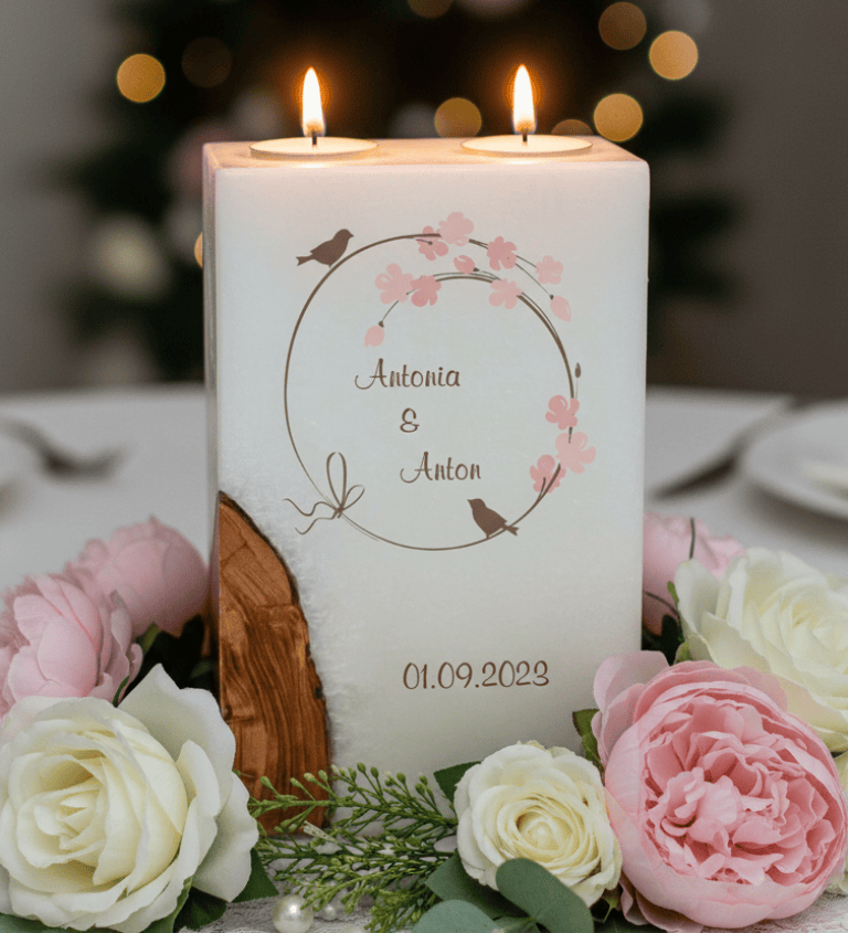 "Vogelpaar Nr.:3" Hochzeitskerze mit Holz und 2 Teelichter 14 x 21 cm