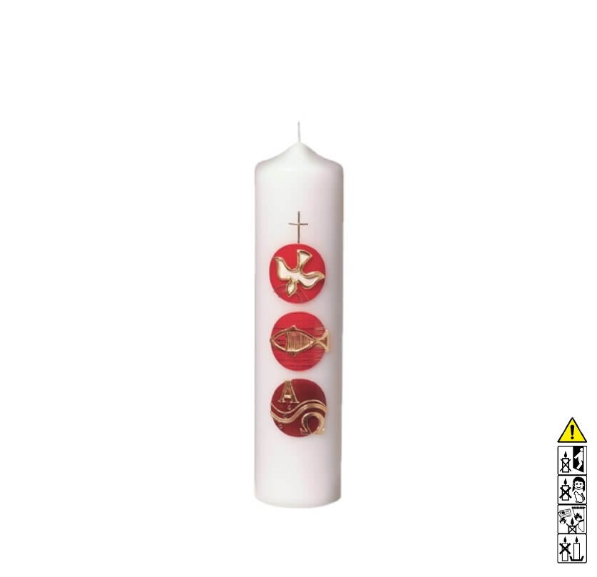 Taufkerze kaufen mit Motiv Taube Fisch Kreuz rund in rot 250 x 60 mm