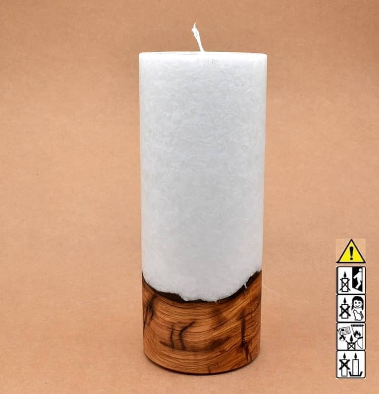 Kerze 100x250mm mit Holzelement, Individuelle, persönliche Hochzeitskerze  Holzkerze, Rund Stearinoptik, Hochzeitskerze mit Teelicht im Kerzen online Shop für Hochzeiten bestellen, günstig kaufen.