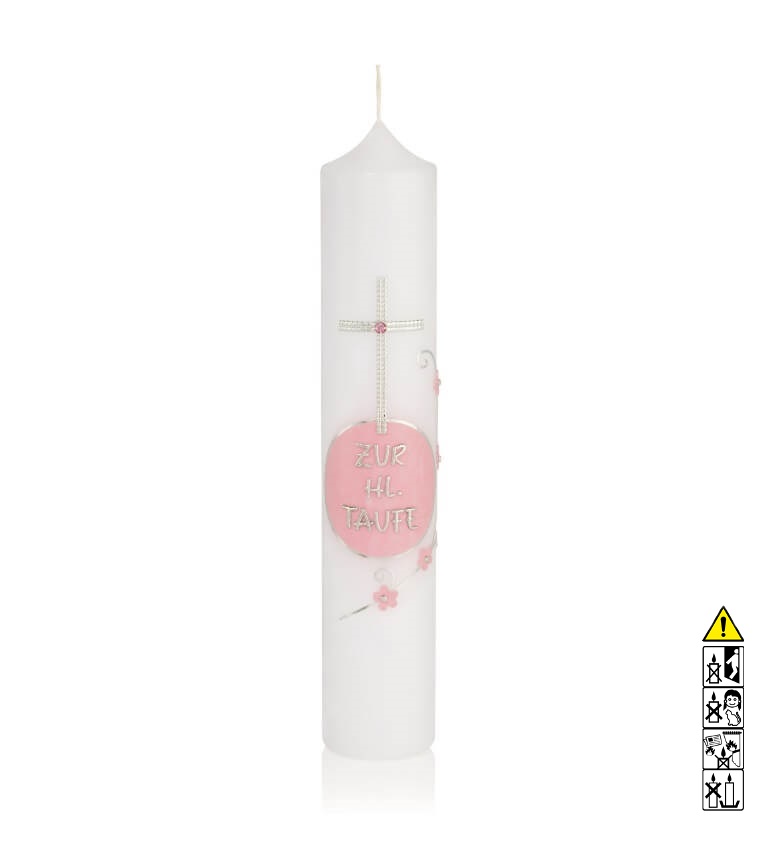 Taufkerze Mädchen Kreuz und Blumen "Zur hl. Taufe" Verzierung in rosa silber Hochwertige Taufkerze Mädchen Kreuz und Blumen "Zur hl. Taufe" Verzierung in rosa silber 265 x 50 mm