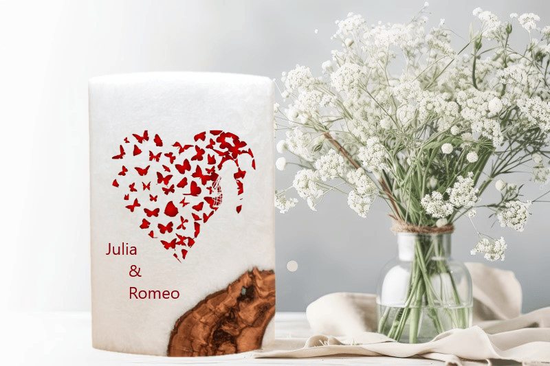 Kerze mit Holzelement für Hochzeitskerze ausgesucht. günstig in unserem Onlineshop kaufen. Personalisierte Hochzeitskerze online kaufen