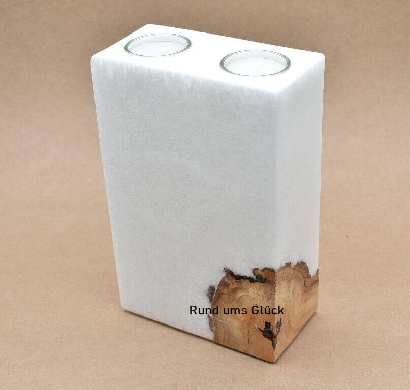 Kerze mit Holzelement, Unikat Holzkerze, Rechteckig Stearinoptik, Kerze mit Teelicht Nummer 47