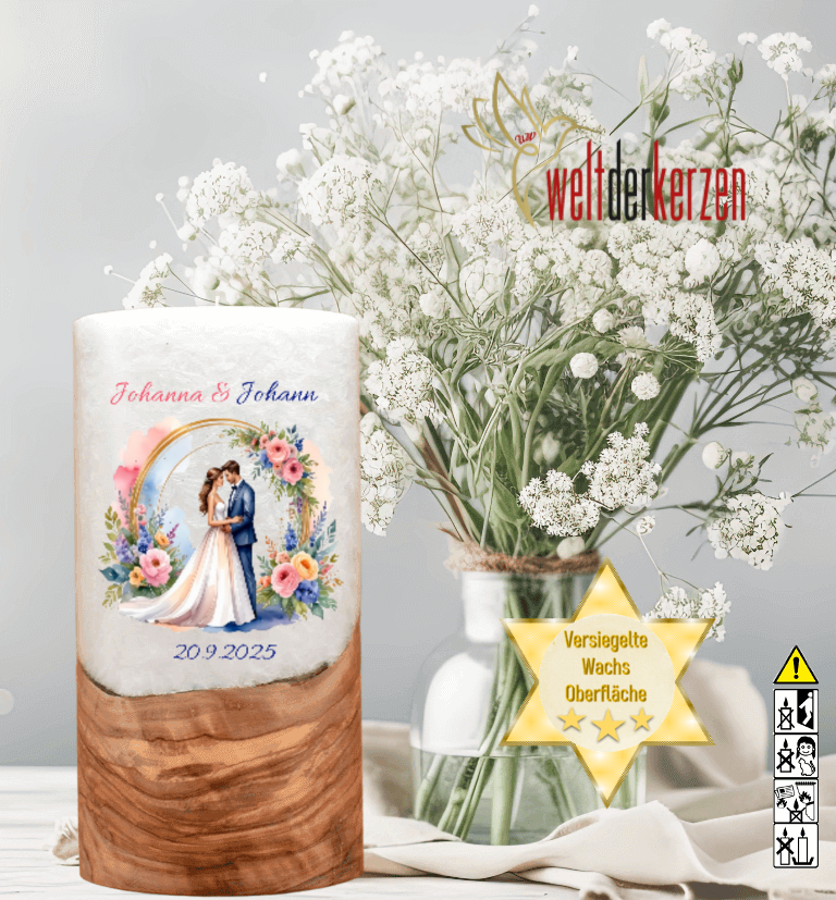"Brautpaar im Rosenbogen" Hochzeitskerze mit Holzelement 20 cm hoch