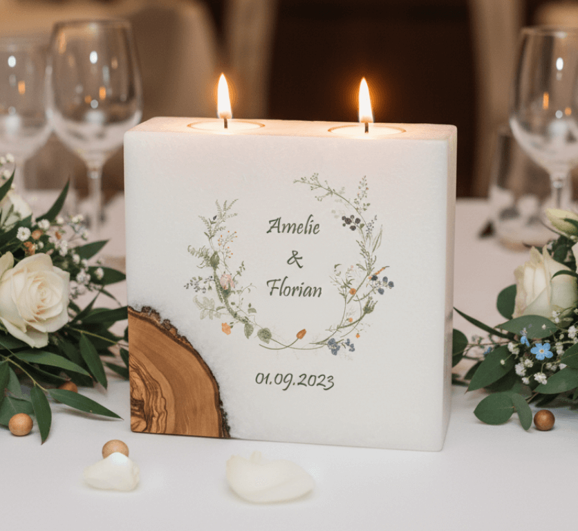 Hochzeitskerze Wiesenblumen mit 1 Holzelement und 2 Teelichter 20 x 20 cm