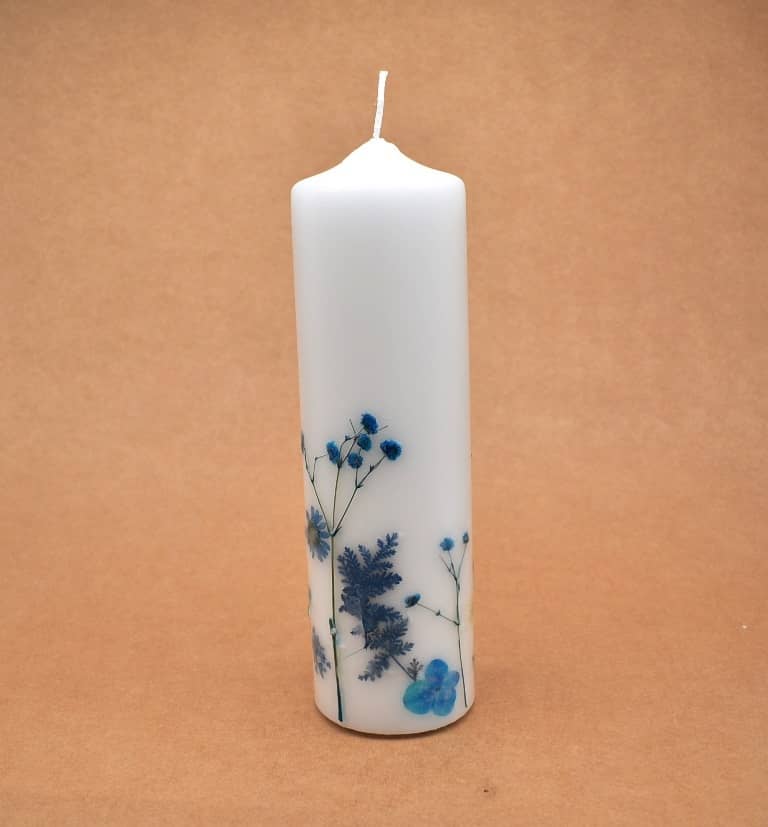 Kerze mit Blumen handgefertigt Stumpen Ø 70 x 230 mm rund