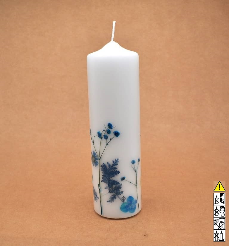 Kerze mit Blumen handgefertigt Stumpen Ø 70 x 230 mm rund Kerze mit Blumen handgefertigt Stumpen Ø 70 x 230 mm rund