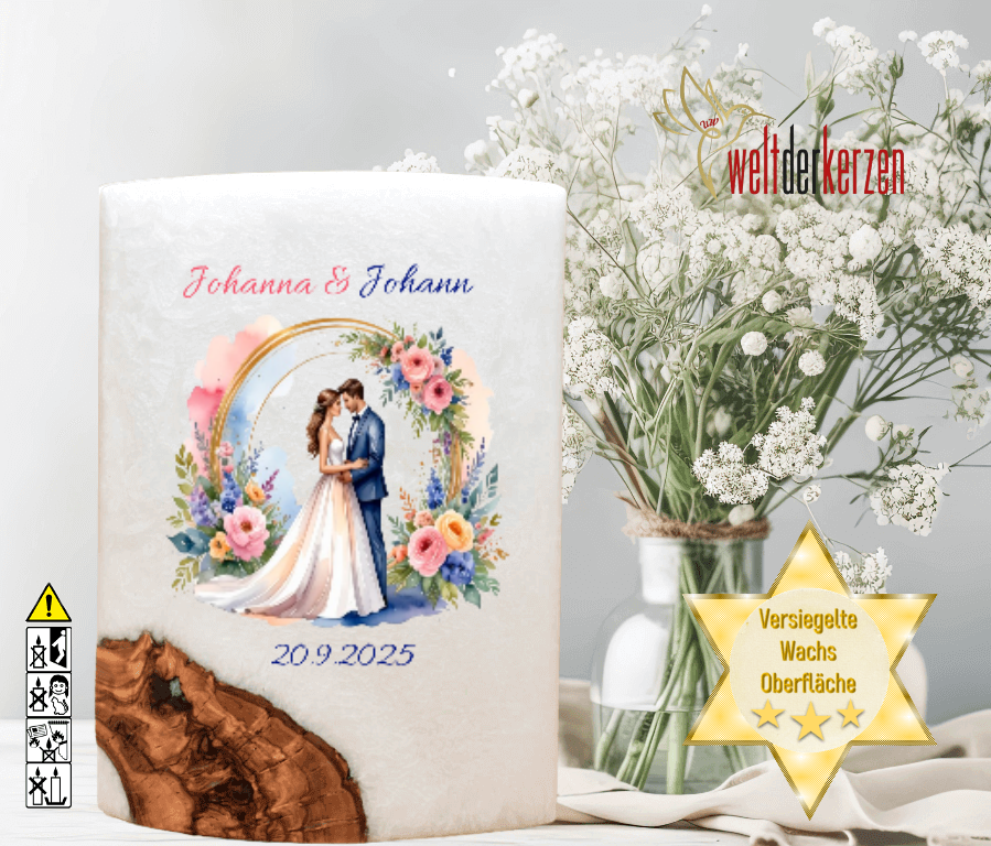 "Brautpaar im Rosenbogen" Hochzeitskerze mit Holzelement. 14 x 21 cm oval mit Teelicht oder Docht