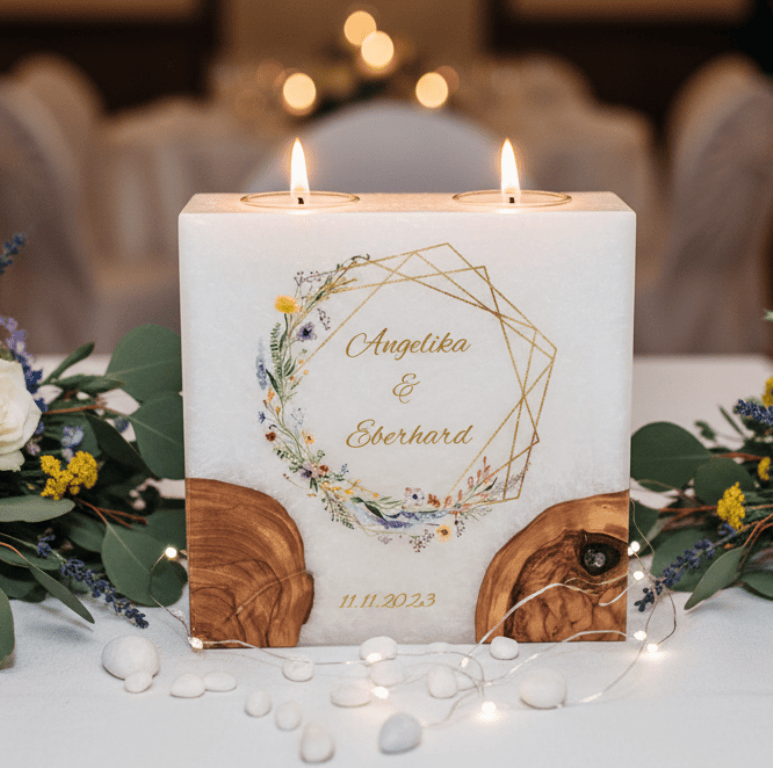 "Frühlingsblumen Kranz" Hochzeitskerze mit 2 Holzelementen und 2 Teelichter 20 x 20 cm