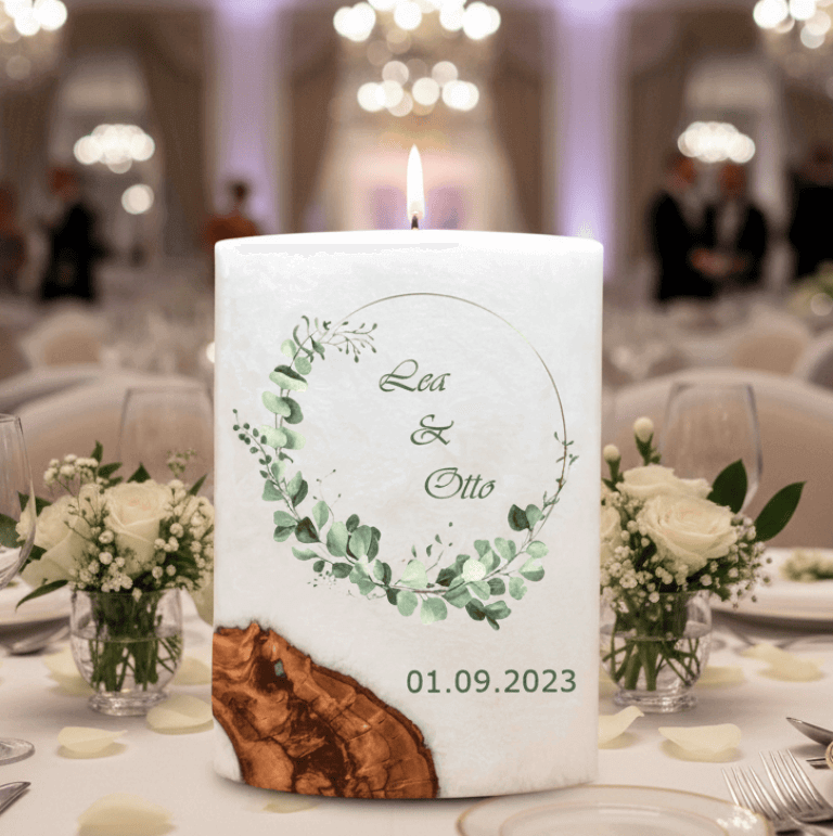 "Eukalyptus Kranz wild" Hochzeitskerze mit Holzelement. 14 x 21 cm oval mit Teelicht oder Docht