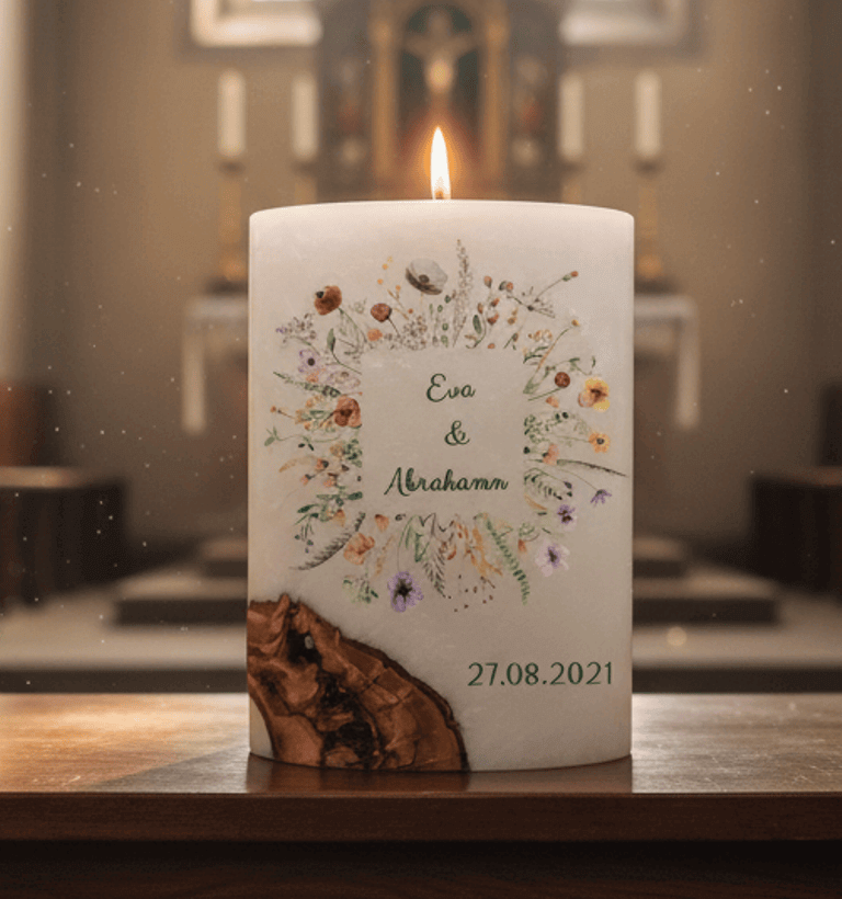 "Blumen Rahmen" Hochzeitskerze mit Holzelement 14 x 21 cm oval mit Teelicht oder Docht