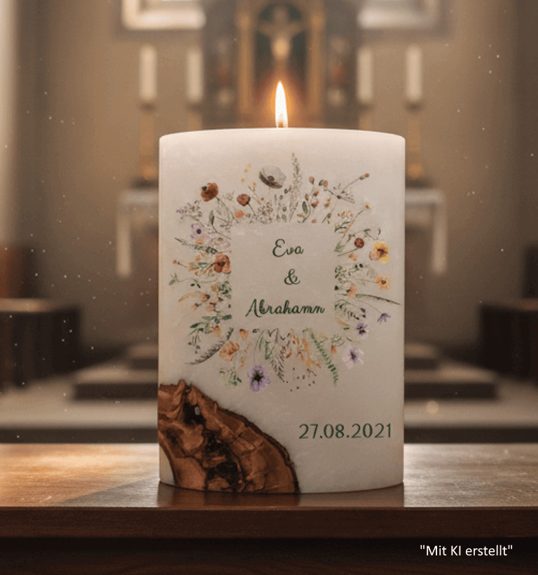 "Blumen Rahmen" Hochzeitskerze mit Holzelement 14 x 21 cm oval mit Teelicht oder Docht