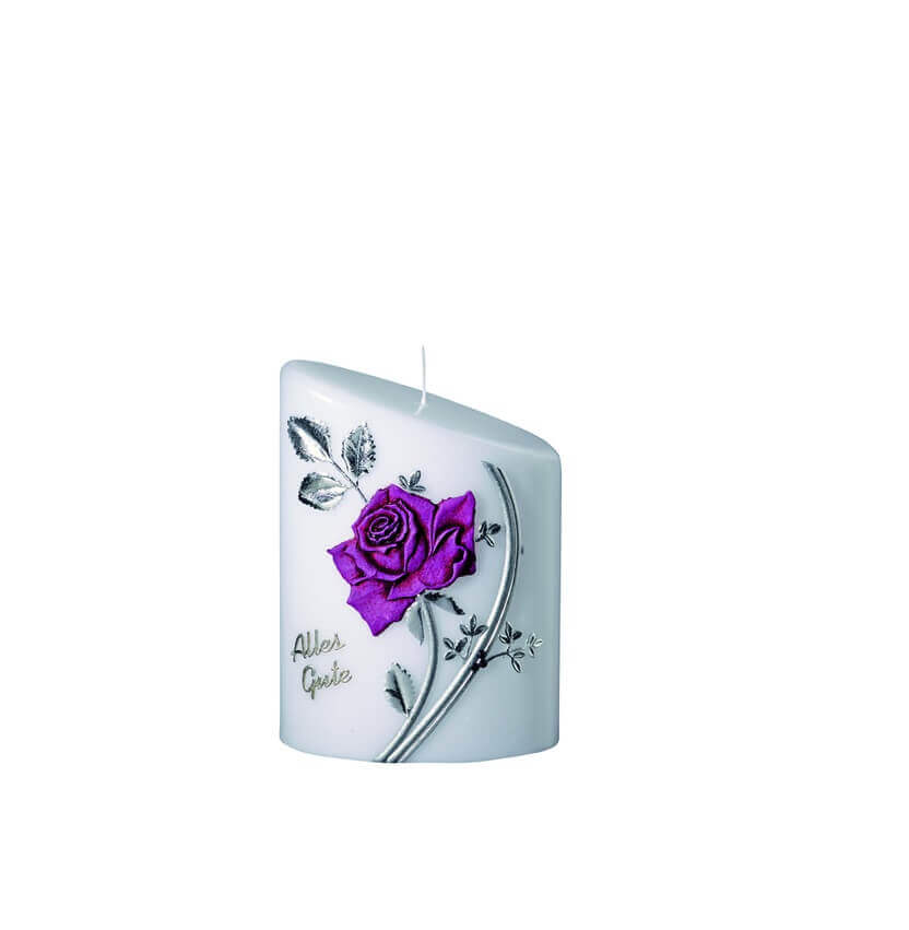 Hochwertige Kerze zum Geburtstag kaufen Rose mit Verzierung in Silber abgeschrägt 125 x 90/55 mm