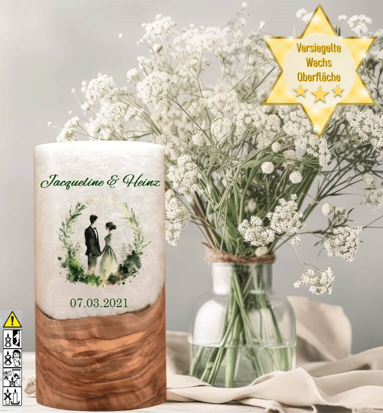 "Brautpaar im Kranz" Hochzeitskerze mit Holzelement 20 cm hoch "Brautpaar im Kranz" Hochzeitskerze mit Holzelement 20 cm hoch