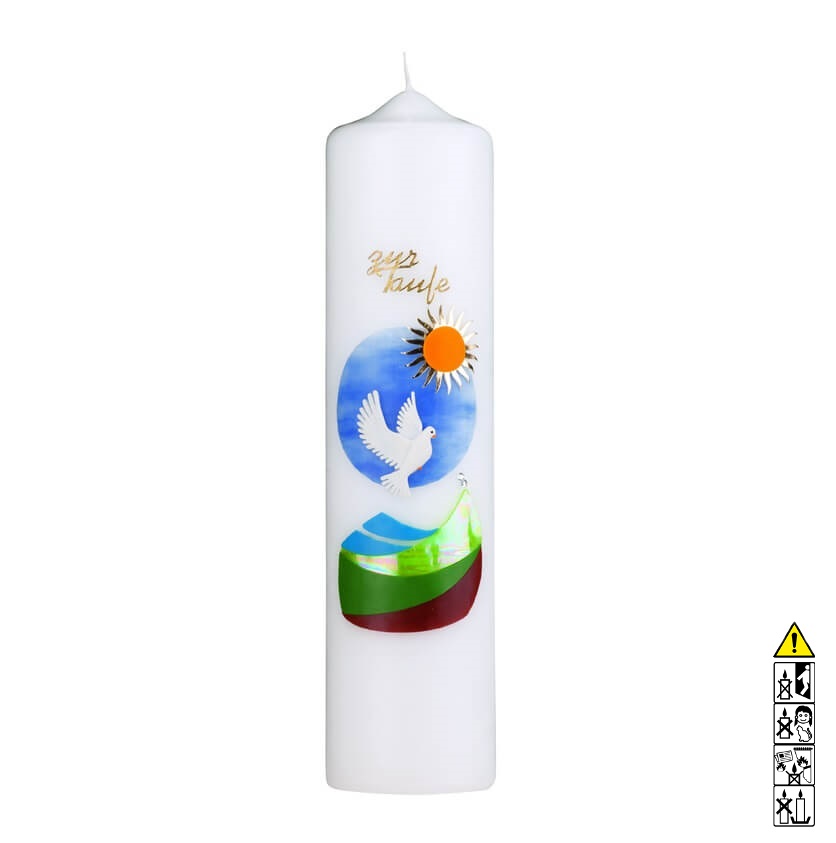 Taufkerze kaufen mit Motiv Taube im Himmel mit Sonne 250 x 60 mm