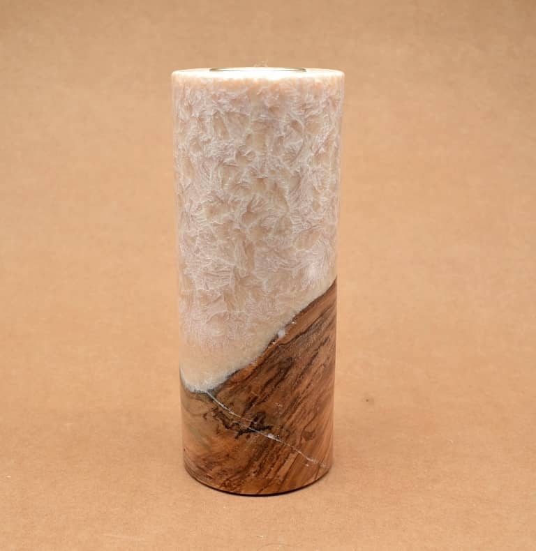 Kerze mit Holz Unikat Rund 80 x 200 mm mit Teelicht in beige Nr.: 1