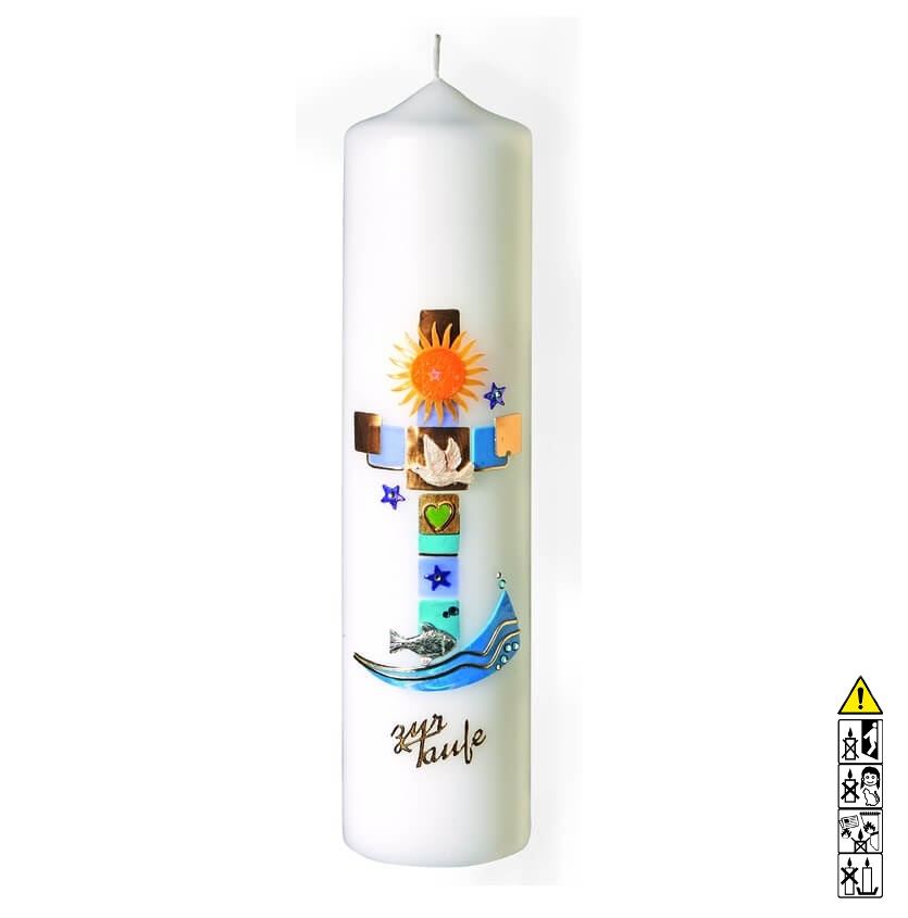 Taufkerze Symbole als Kreuz 250 x 60 mm Taufkerze kaufen mit Motiv Symbole als Kreuz 250 x 60 mm