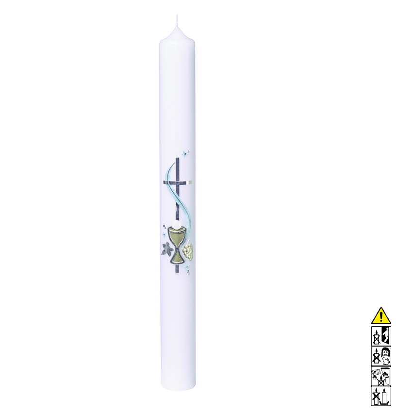 Kommunionkerze / Konfirmationskerze Kelch mit Kreuz hellblau 400 x 40 mm Kommunionkerze und Konfirmationkerze kaufen mit Motiv. Kelch mit Kreuz hellblau 400 x 40 mm