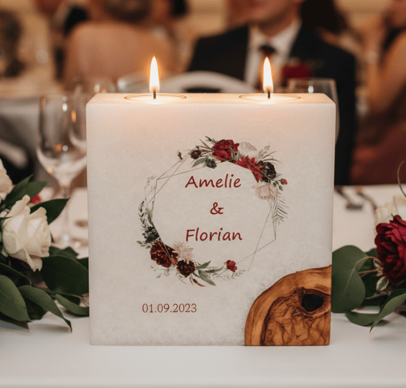 Hochzeitskerze Rosenkranz mit 1 Holzelement und 2 Teelichter 20 x 20 cm