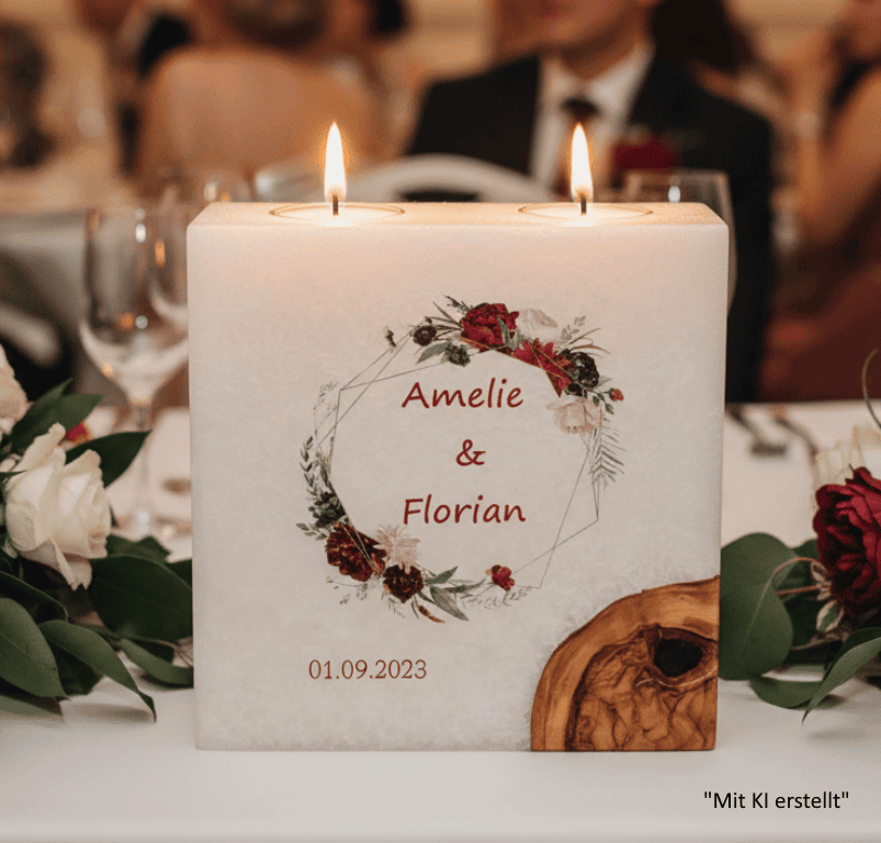Hochzeitskerze Rosenkranz mit 1 Holzelement und 2 Teelichter 20 x 20 cm