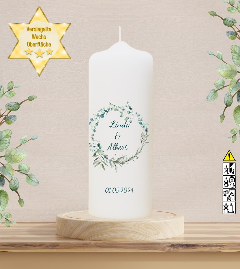 Personalisierte Hochzeitskerze "Eukalyptuskranz" 25 cm Personalisierte Hochzeitskerze "Eukalyptuskranz" 25 cm
