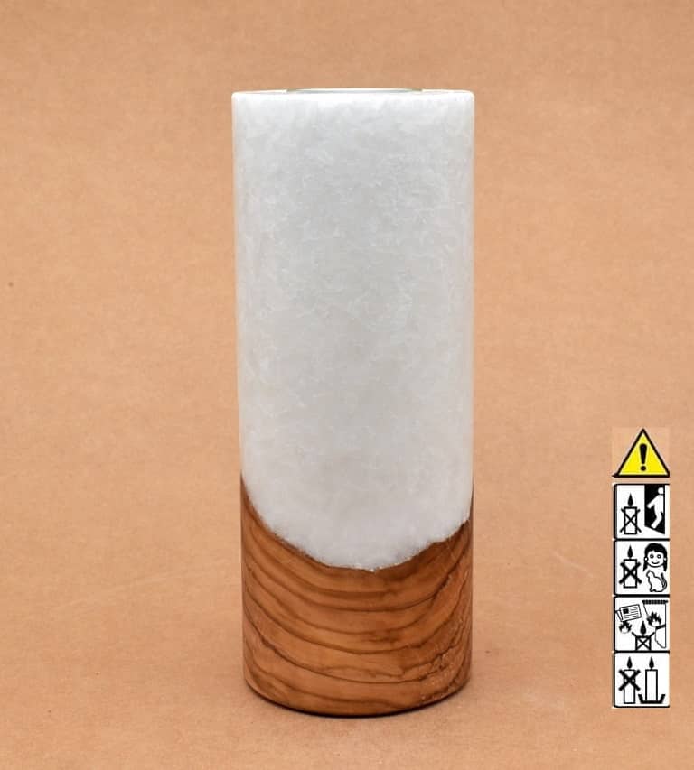 Kerze 80x200mm mit Holzelement, Individuelle, persönliche Hochzeitskerze  Holzkerze, Rund Stearinoptik, Hochzeitskerze mit Teelicht im Kerzen online Shop für Hochzeiten bestellen, günstig kaufen.