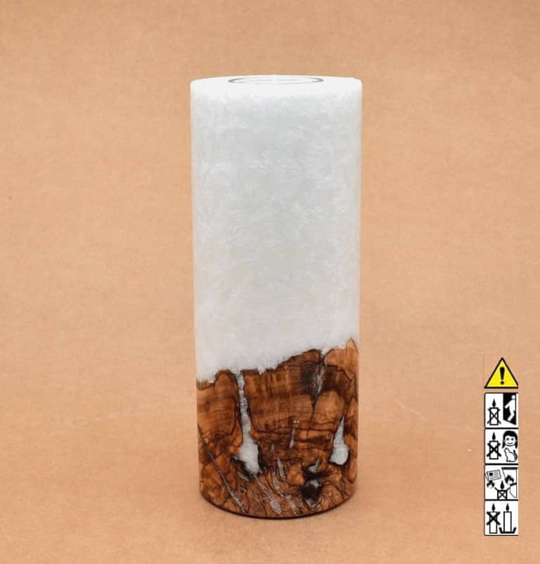 Kerze 80x200mm mit Holzelement, Individuelle, persönliche Hochzeitskerze  Holzkerze, Rund Stearinoptik, Hochzeitskerze mit Teelicht im Kerzen online Shop für Hochzeiten bestellen, günstig kaufen.