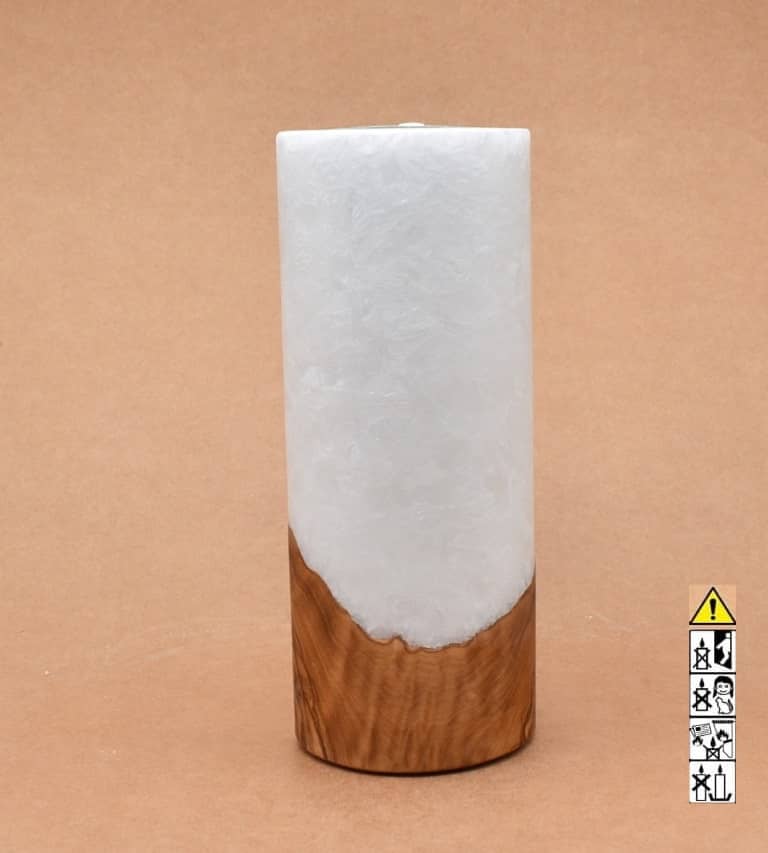 Kerze 80x200mm mit Holzelement, Individuelle, persönliche Hochzeitskerze  Holzkerze, Rund Stearinoptik, Hochzeitskerze mit Teelicht im Kerzen online Shop für Hochzeiten bestellen, günstig kaufen.