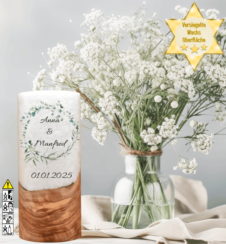 "Eukalyptuskranz 3" Hochzeitskerze mit Holzelement 20 cm hoch "Eukalyptuskranz 3" Hochzeitskerze mit Holzelement 20 cm hoch
