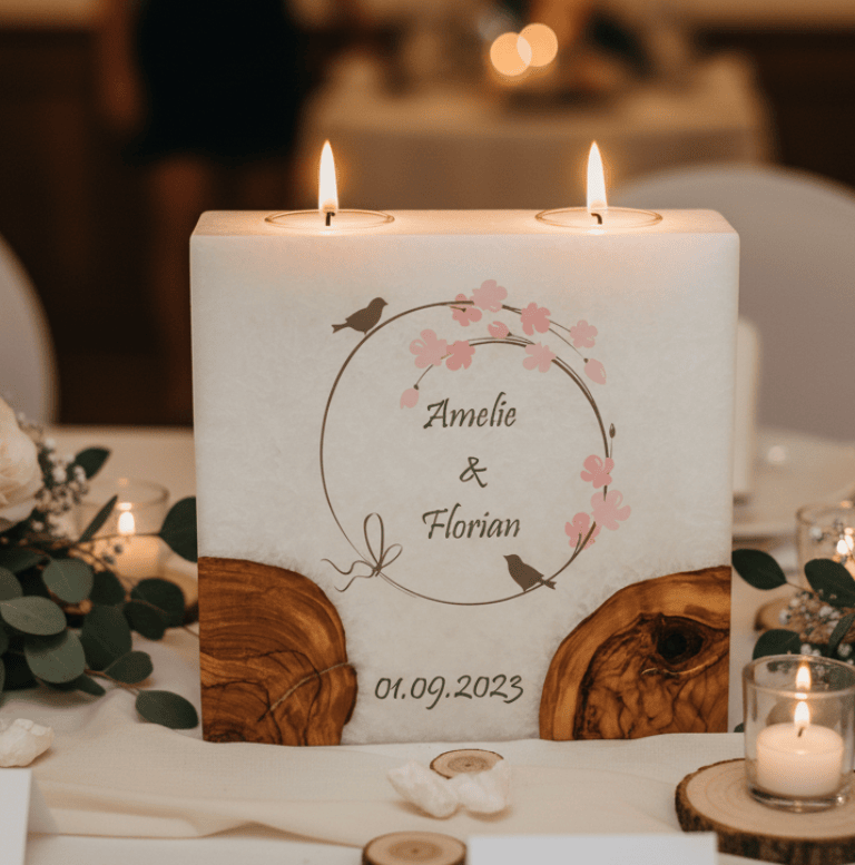 Hochzeitskerze Vogelpaar Nr.:3 mit 2 Holzelementen und 2 Teelichter 20 x 20 cm