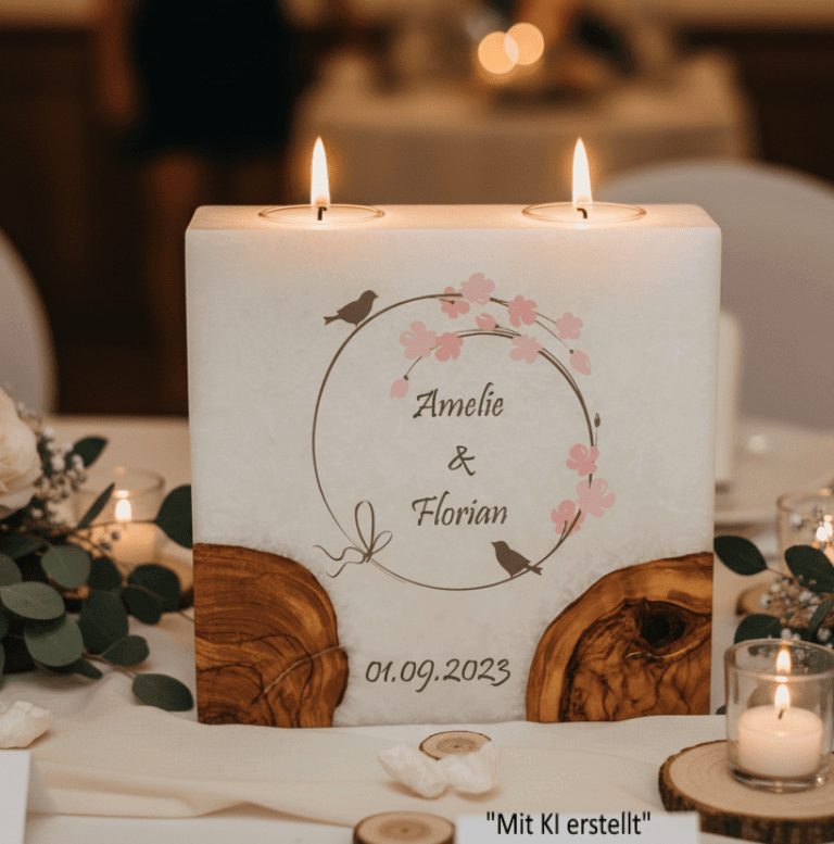 Hochzeitskerze Vogelpaar Nr.:3 mit 2 Holzelementen und 2 Teelichter 20 x 20 cm