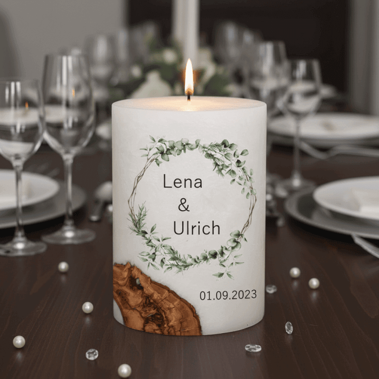 "Eukalyptus und Zweigen" Hochzeitskerze mit Holzelement 14 x 21 cm oval mit Teelicht oder Docht