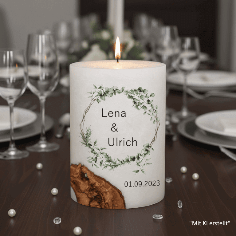 "Eukalyptus und Zweigen" Hochzeitskerze mit Holzelement 14 x 21 cm oval mit Teelicht oder Docht