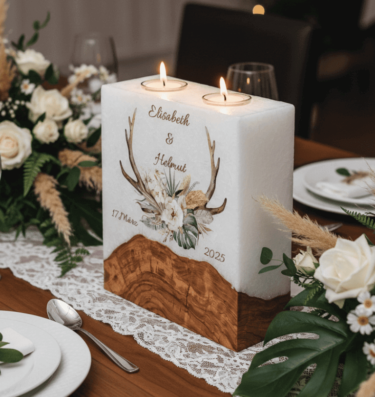 "Geweih" Hochzeitskerze mit Sockel und 2 Teelichter 20 x 20 cm